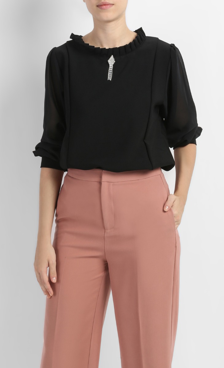 Hailey Long Sleeve Top With Diamond Pendant in Black image 2