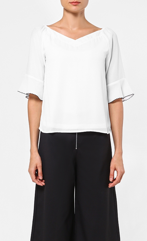 V-Neck Blouse with Trumpet Sleeves in White image 2