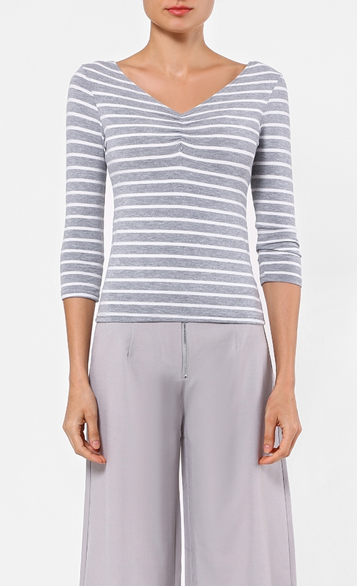 Striped V-Neck Top in Grey image 2