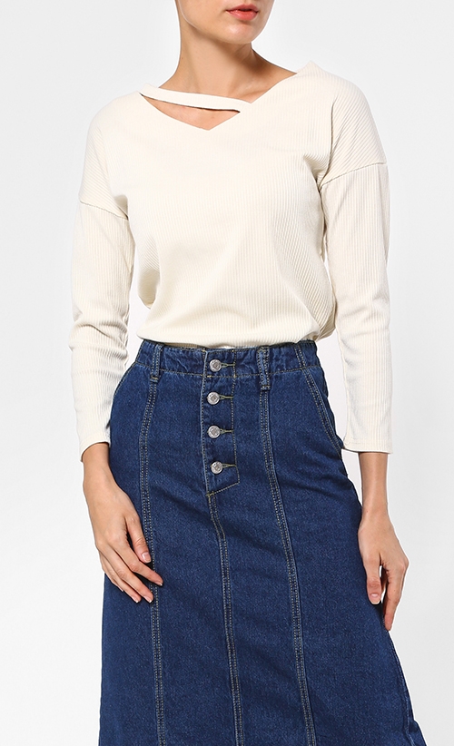 Cut-out Ribbed Top in Off White
