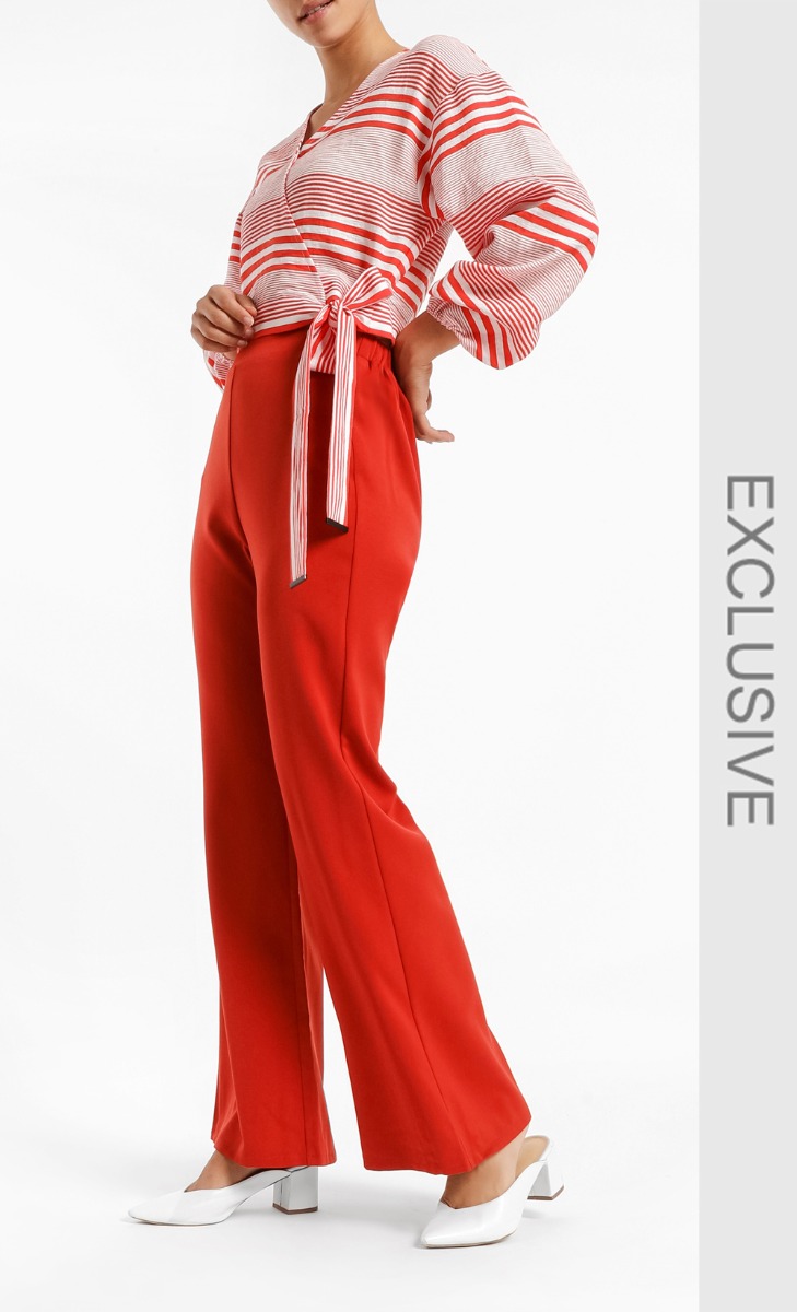 Puff Sleeve Surplice Blouse in Orange and White