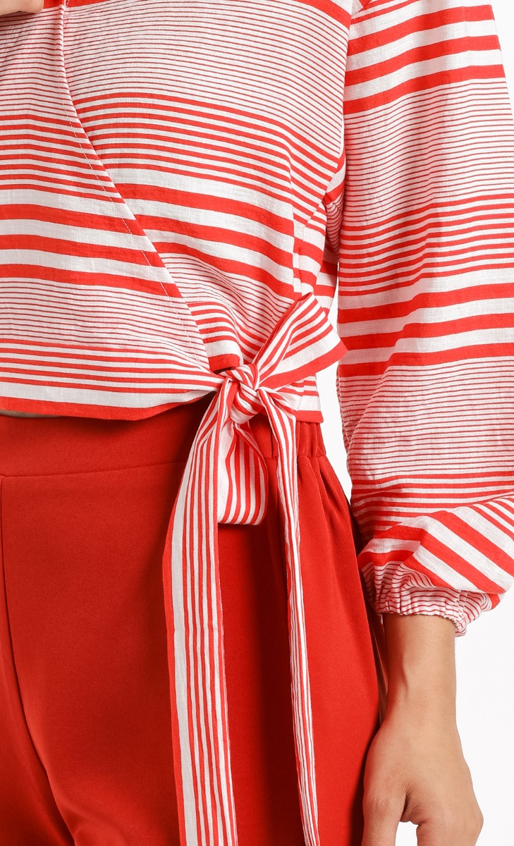 Puff Sleeve Surplice Blouse in Orange and White image 2