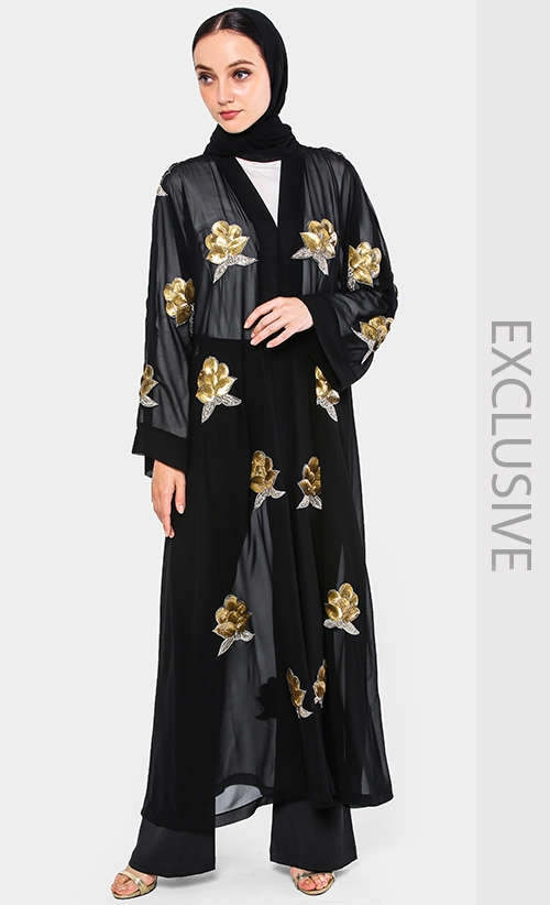 Sequin Soiree Cardi Abaya in Black