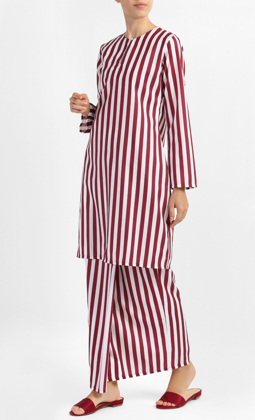 Kurung Moden Halimah Set in Maroon Stripes