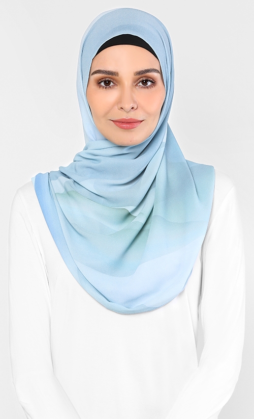  Cakenis  Premium Printed Chiffon Shawl in Bayu Blue 