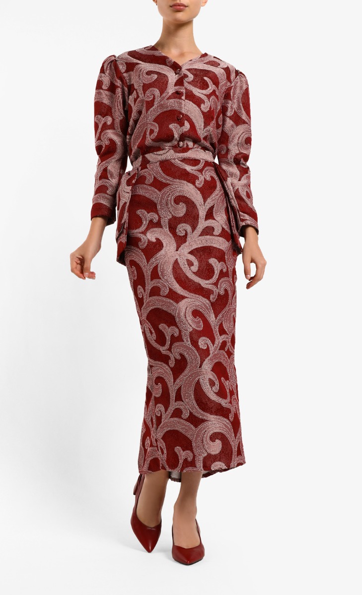 Aiska Brocade Kurung Set in Maroon