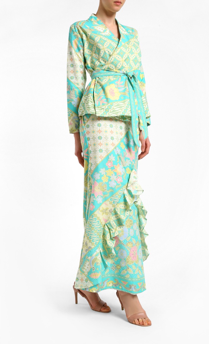 Kemboja Wrap Kebaya Set In Turquoise Green