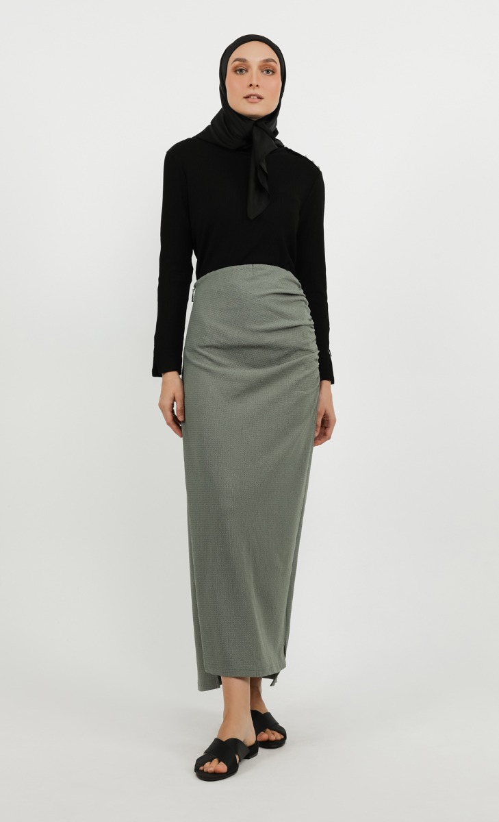 Side Ruched Knit Skirt in Sage image 2