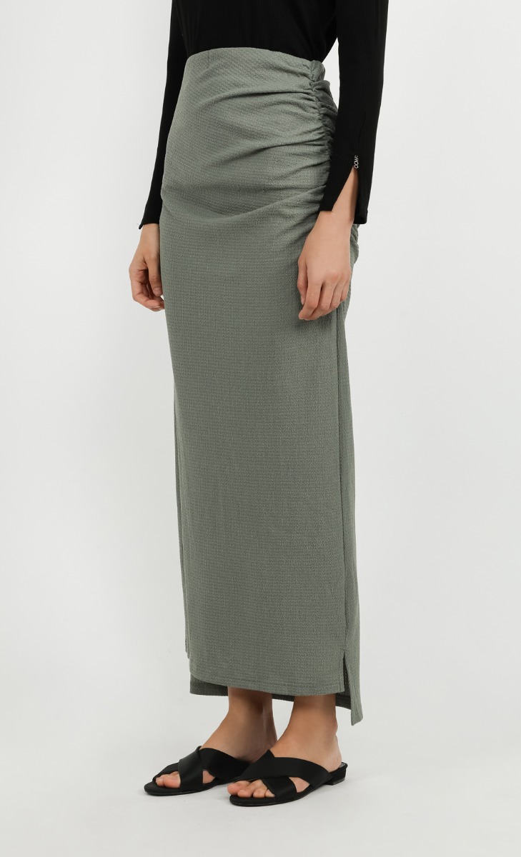 Side Ruched Knit Skirt in Sage