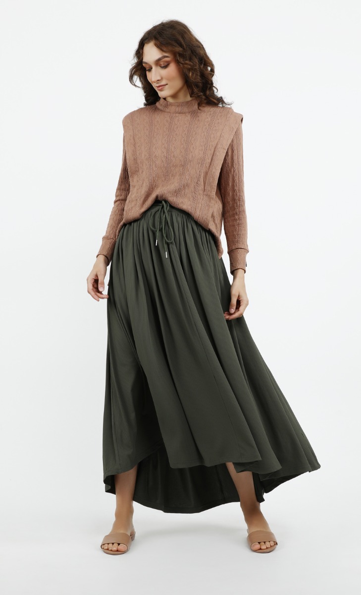 High Low Ribbed Skirt	in Sage image 2