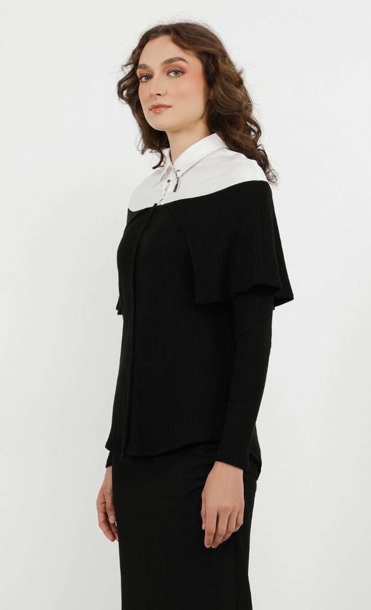 Off Shoulder Shirt Ribbed Top in Black