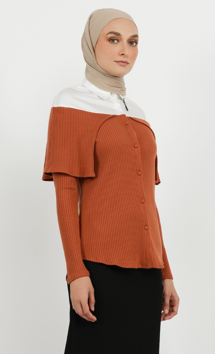 Off Shoulder Shirt Ribbed Top in Brown