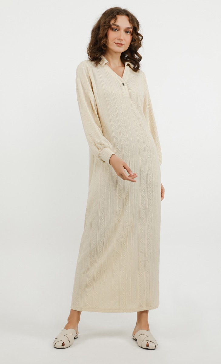 Collared Textured Knit Dress in Eggshell