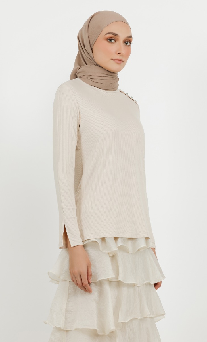 High Turtleneck Button Ribbed Top in Eggshell image 2