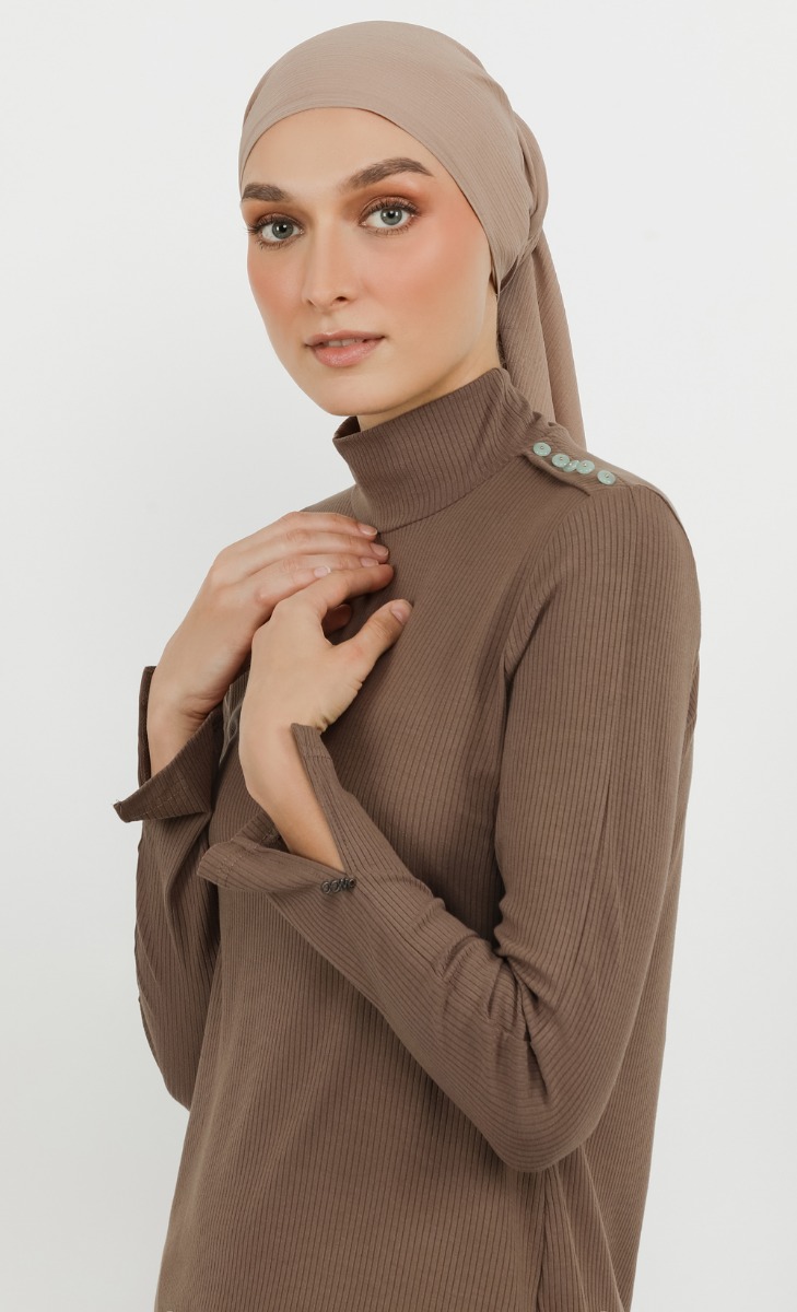 High Turtleneck Button Ribbed Top in Brown