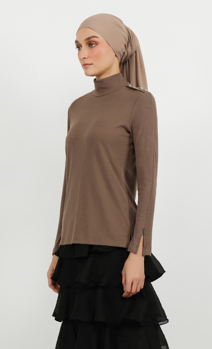 High Turtleneck Button Ribbed Top in Brown image 2
