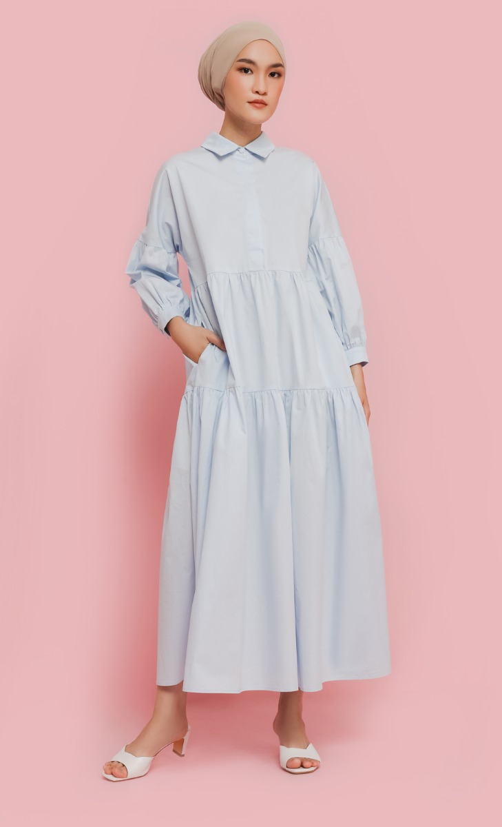 Tiered Cotton Dress in Baby Blue