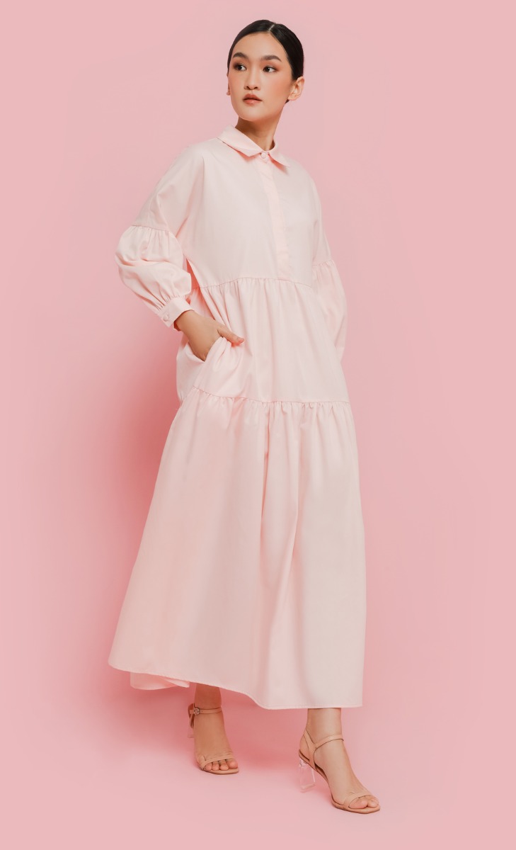 Tiered Cotton Dress in Baby Pink