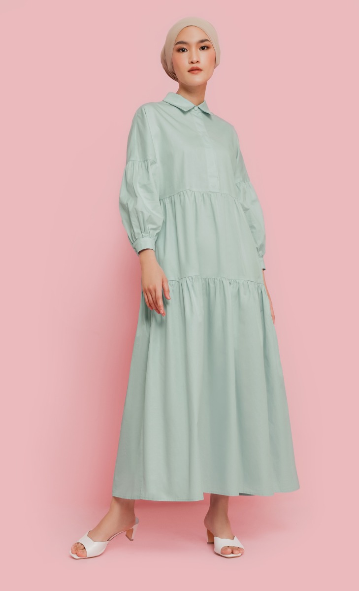 Tiered Cotton Dress in Green