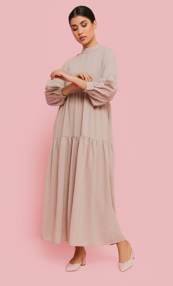 Highneck Tiered Dress in Nude