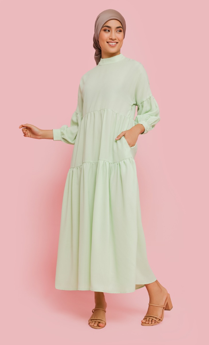 Highneck Tiered Dress in Pistachio