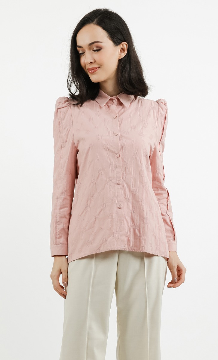 Puff Shoulder Cotton Textured Top in Dusty Pink