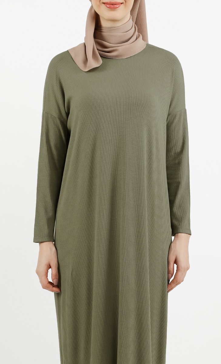 Ribbed Dress in Olive Green image 2