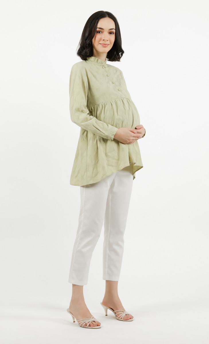 Gathered Ruffle Top in Soft Sage