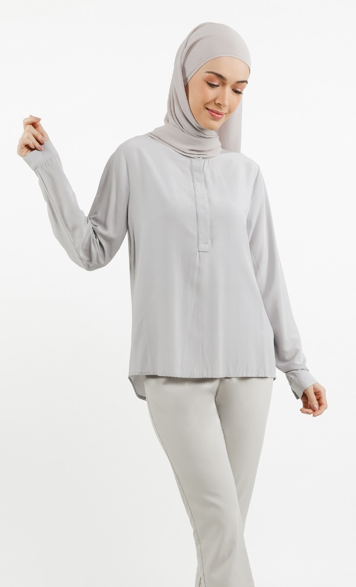 Stand Collar Long Sleeve Blouse In Grey
