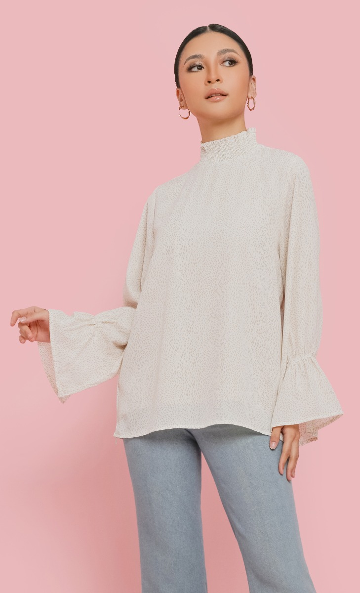 Printed Smock Neck Top in Ivory