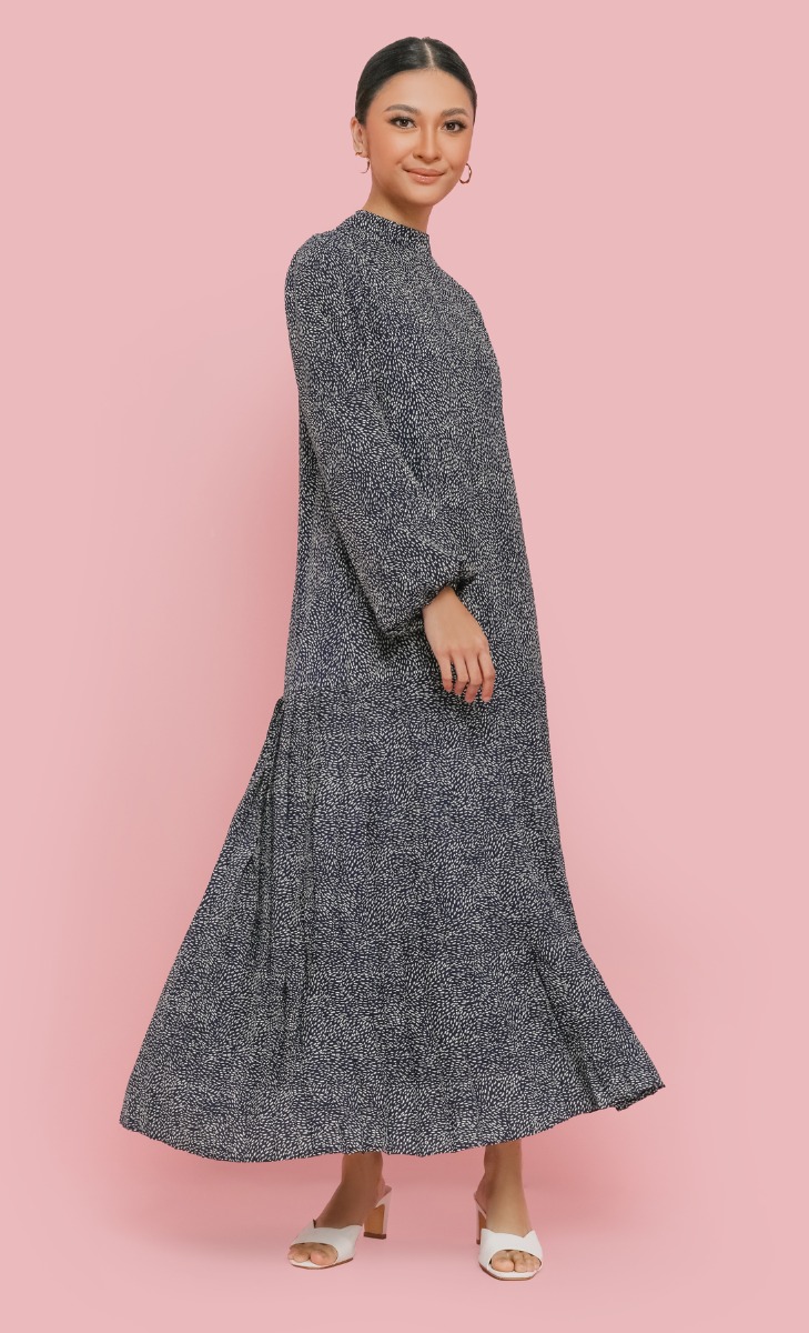 Printed Pleated Dress in Navy Blue