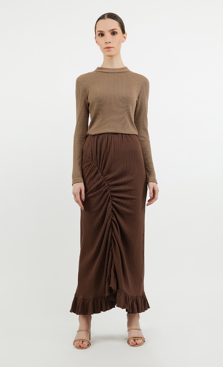 Front Gathered Ruffle Skirt in Dark Brown