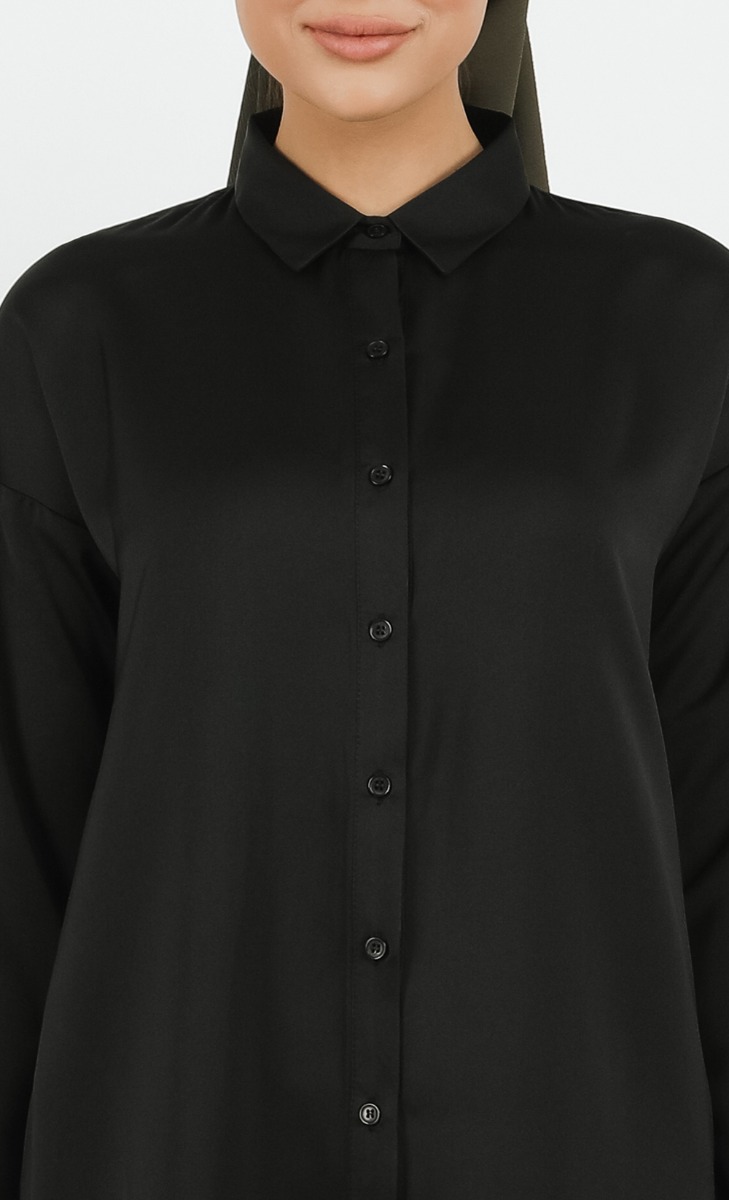 Satin Long Shirt Dress in Black image 2