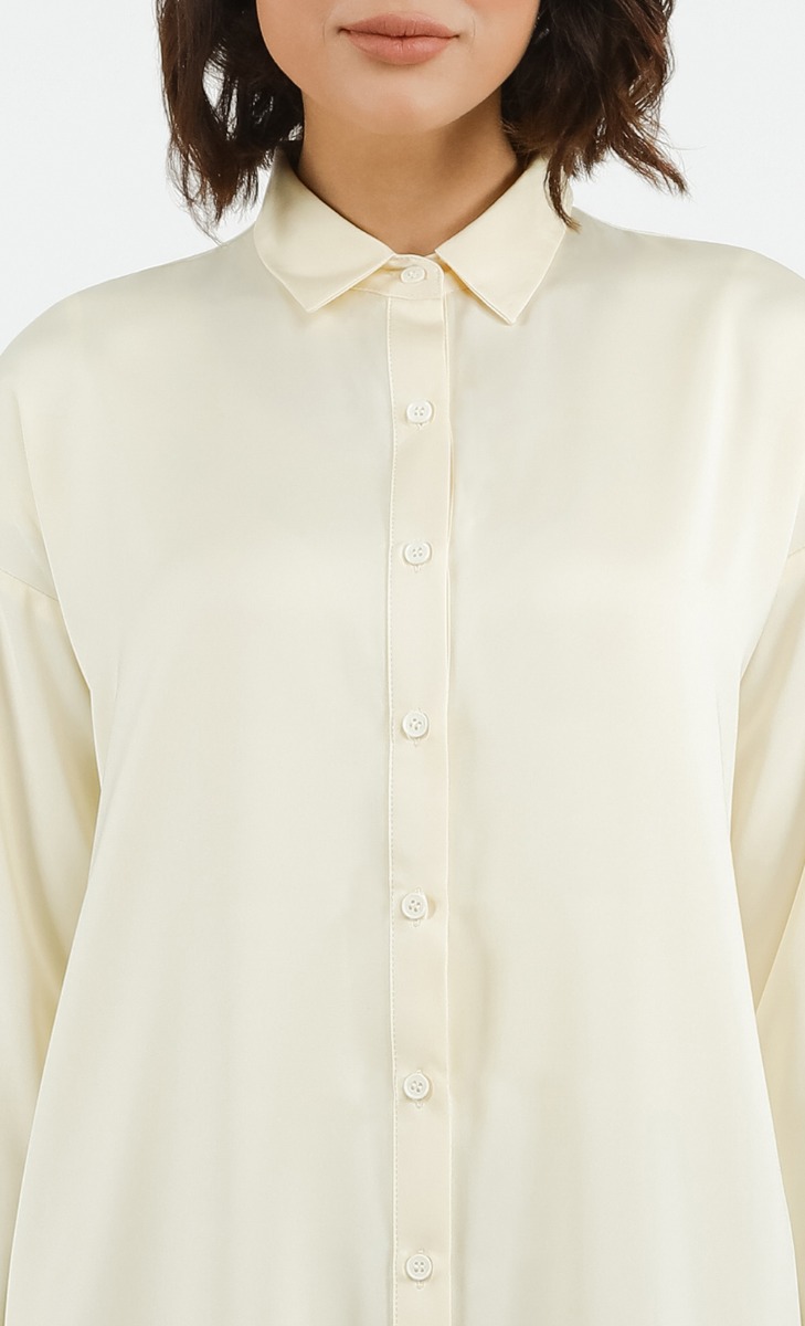 Satin Long Shirt Dress in Cream image 2