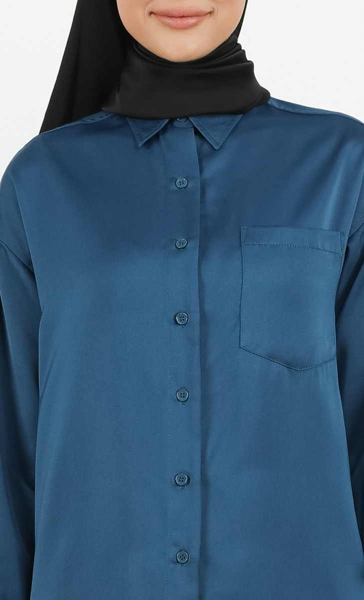 Satin Oversized Shirt in Teal image 2
