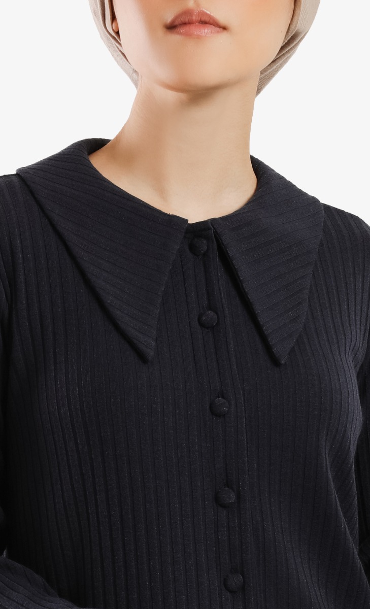 Flared Sleeves Ribbed Top in Navy image 2