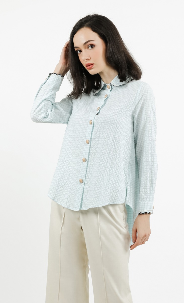 Embroidered Collar Pleated Top in Sky