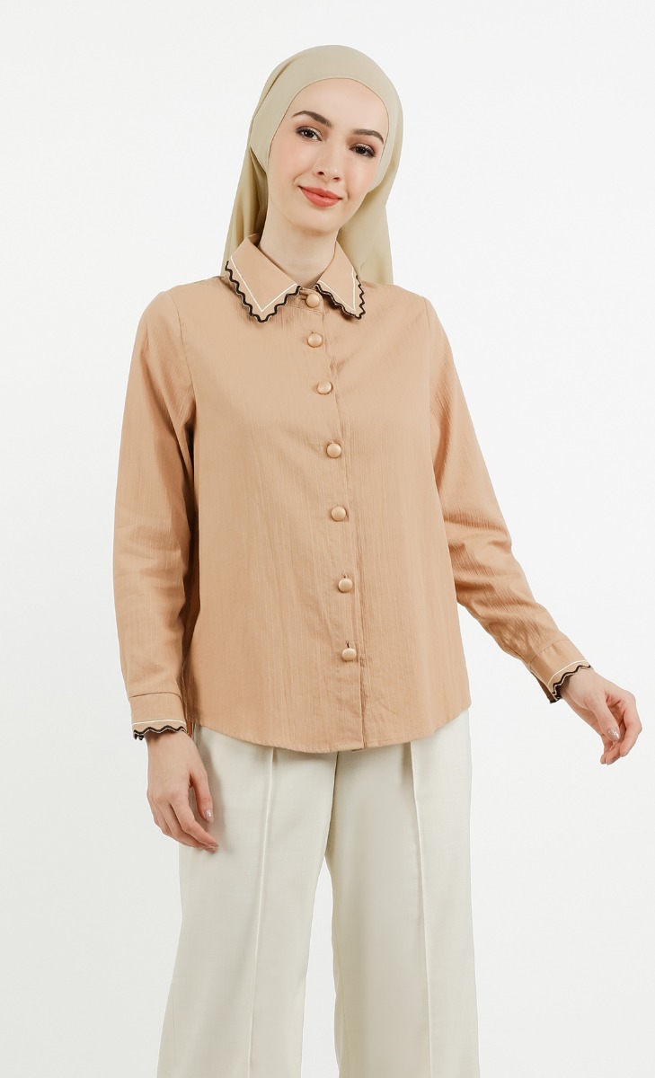 Embroidered Collar Pleated Top in Sand
