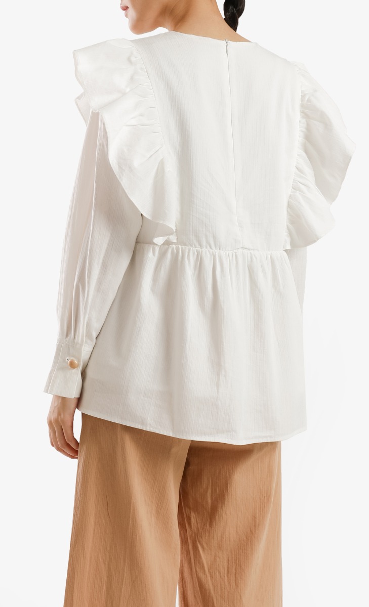 Ruffle Collared Shirt in White | FashionValet