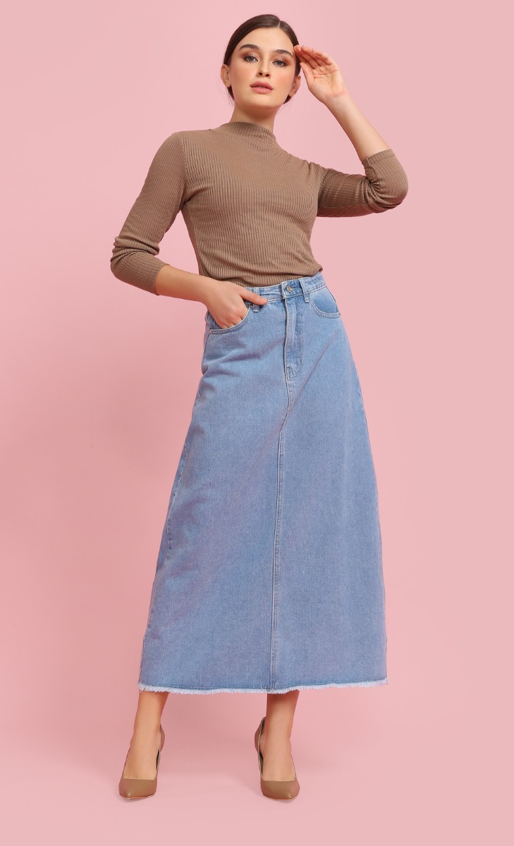 A Line Denim Skirt in Light Blue image 2