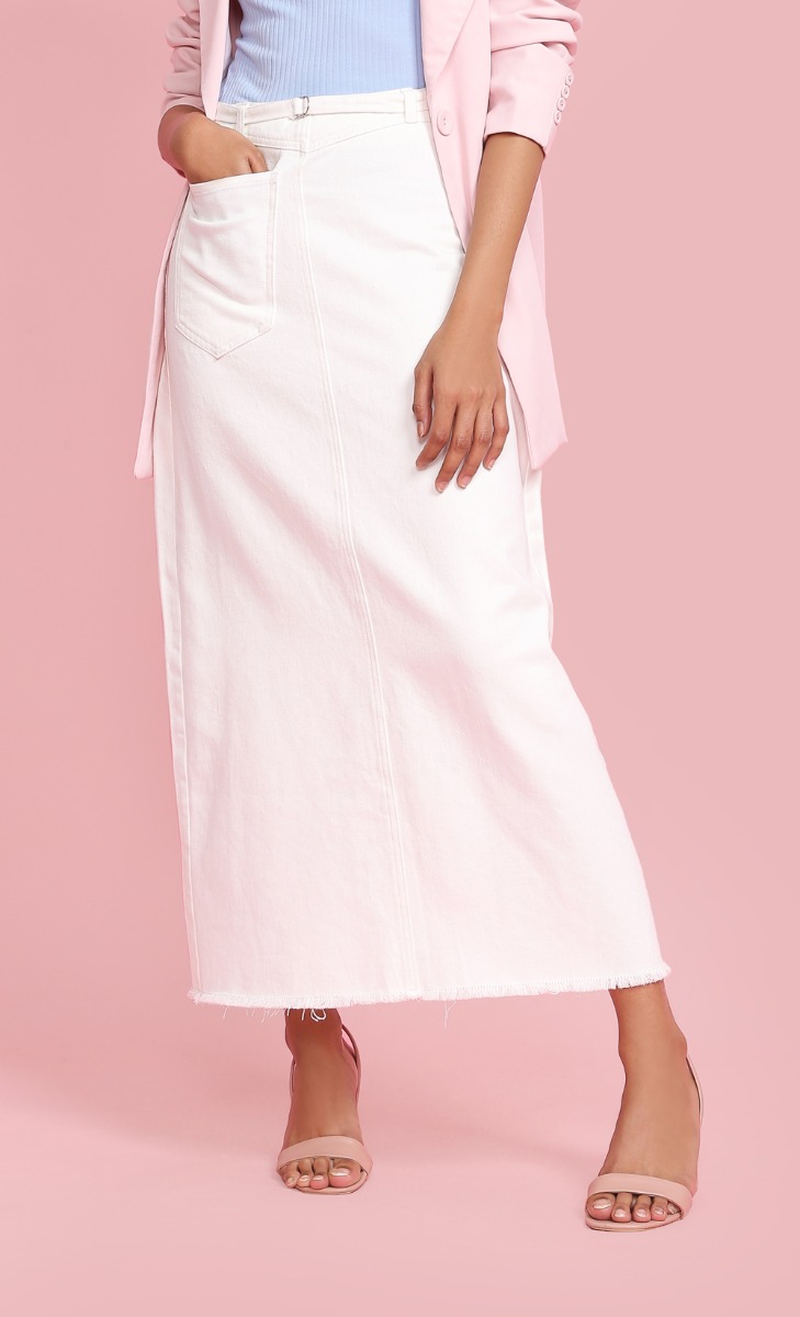 A-line Denim Skirt with Belt in Light Blue | FashionValet