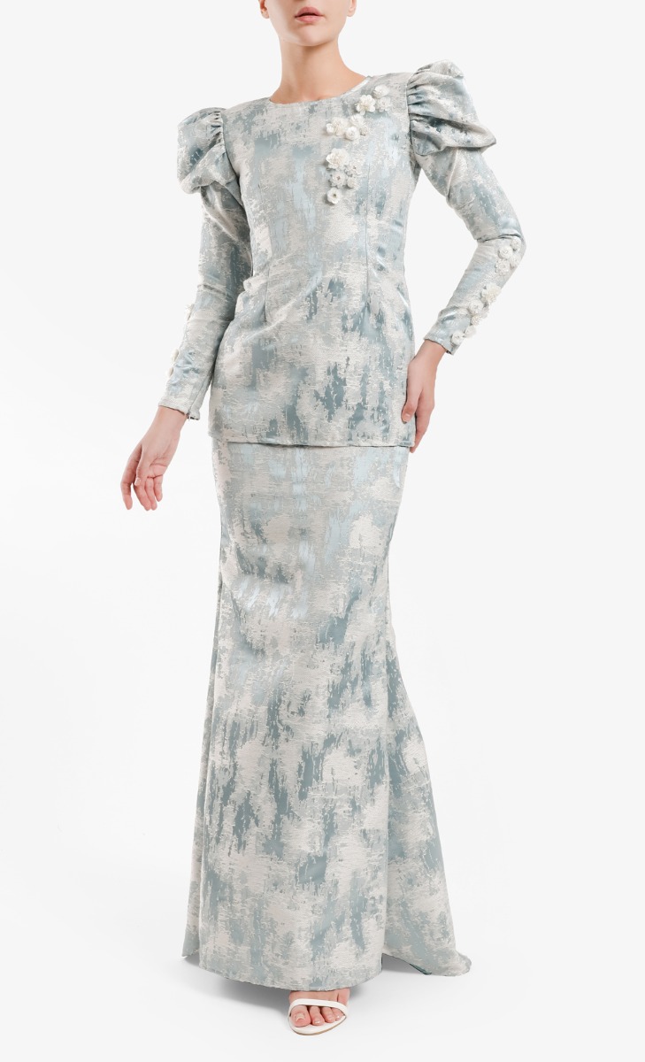 Sophia Puff Brocade Kurung Set In Turquoise White