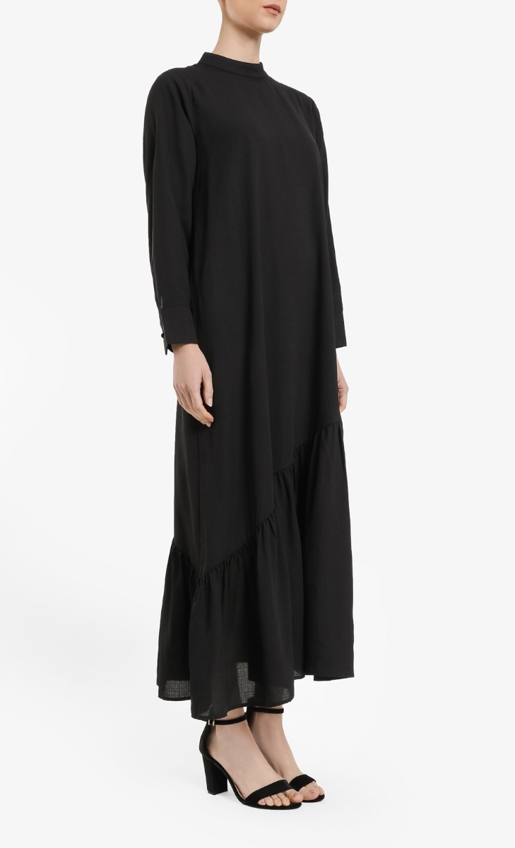 Asymmetrical Ruffle Dress in Black | FashionValet