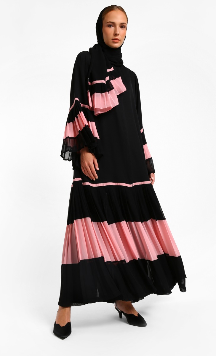 Pink Pleats Abaya in Black