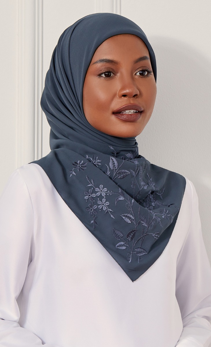 The Daisy Embroidery dUCk Square Scarf in Charcoal