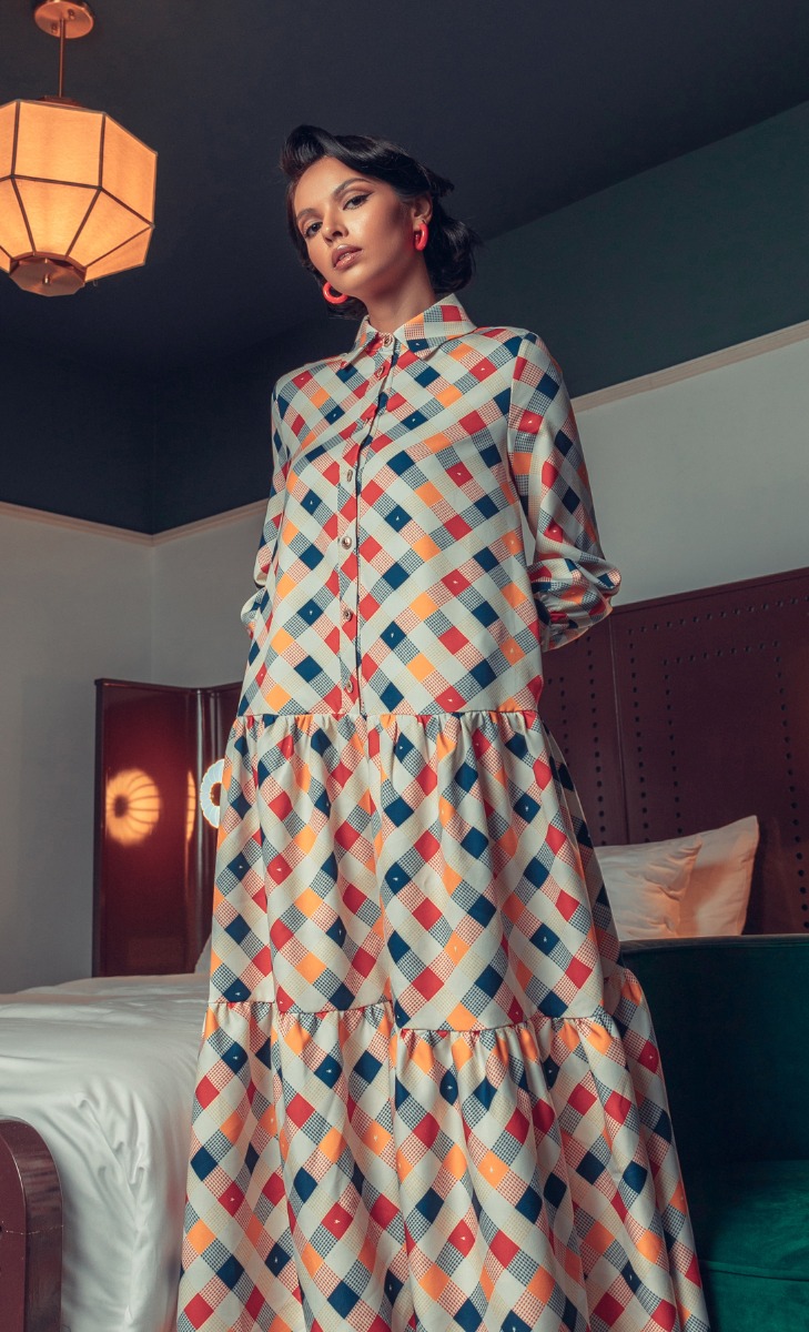 The Checkered Edit Tiered Dress in Blazin