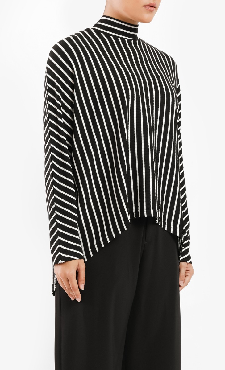 Oversized Striped Ribbed Top in Black image 2