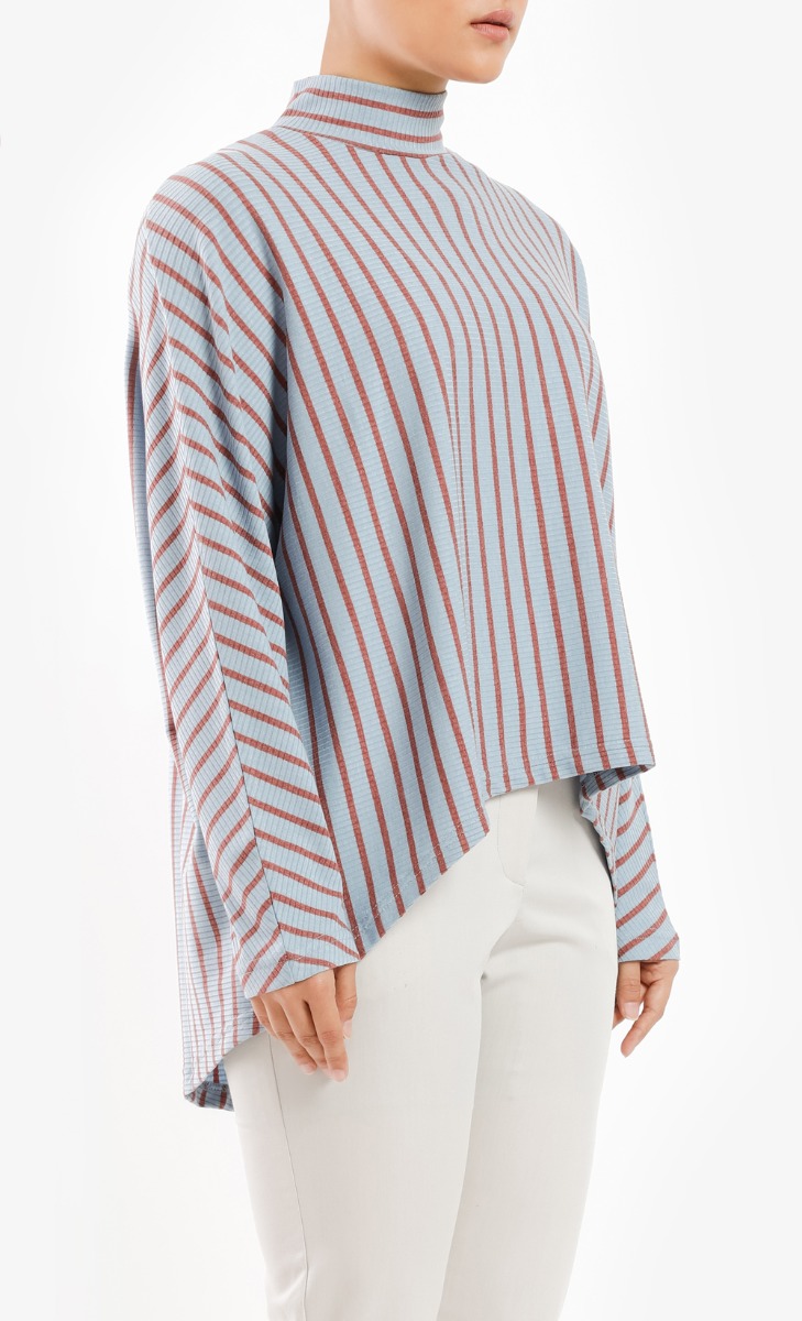 Oversized Striped Ribbed Top in Blue image 2