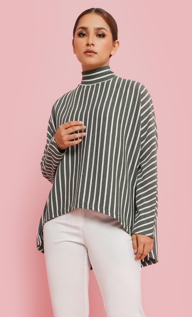 Oversized Striped Ribbed Top in Green