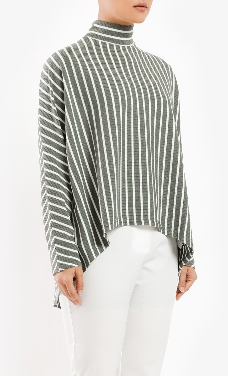 Oversized Striped Ribbed Top in Green image 2
